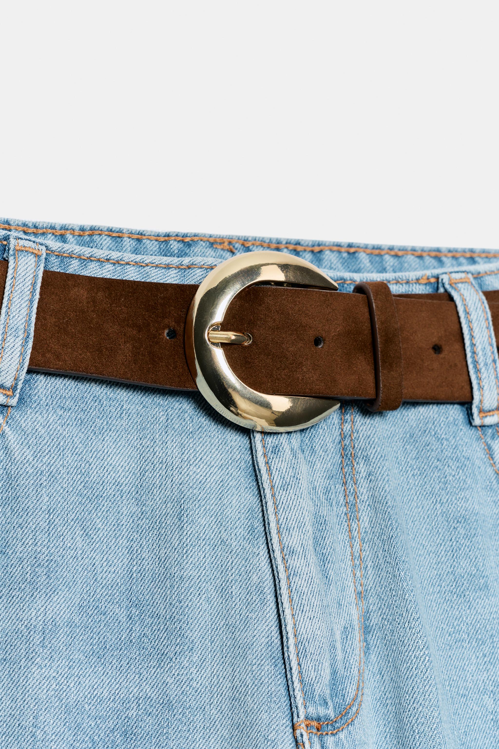 HIGH-WAISTED WIDE LEG CROPPED BELTED JEANS
